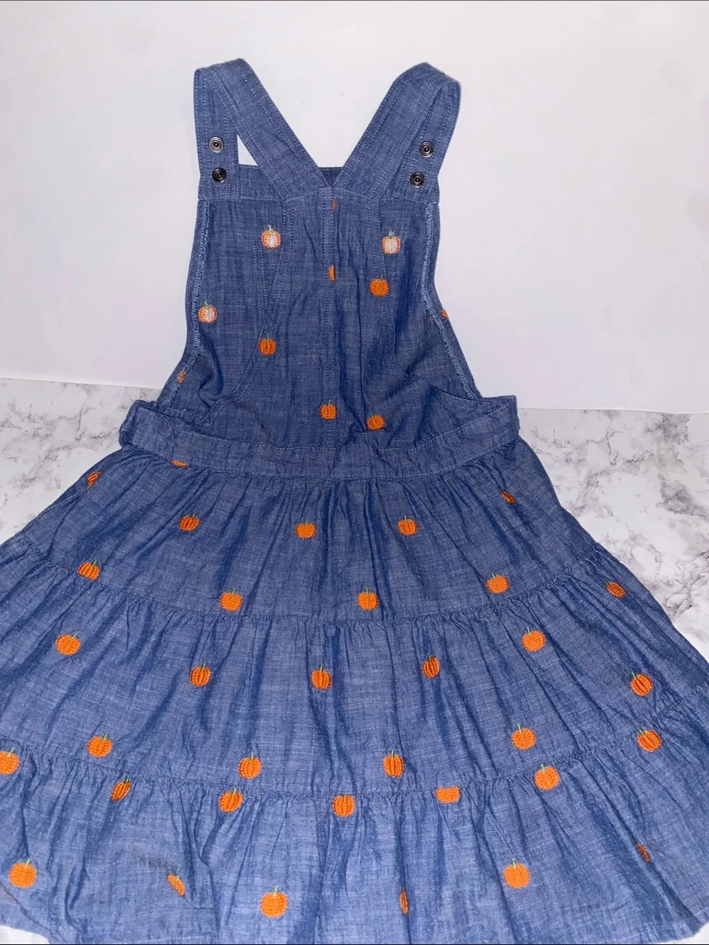 Gymboree Blue Denim-Style Pinafore Dress with Orange Pumpkin Dots